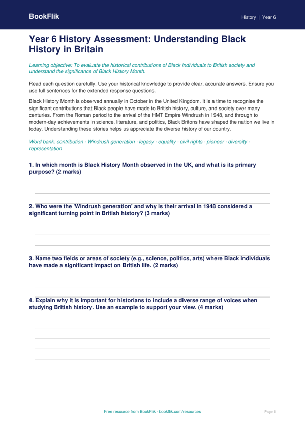 Free Black History Month Assessment | Year 6 Core | BookFlik