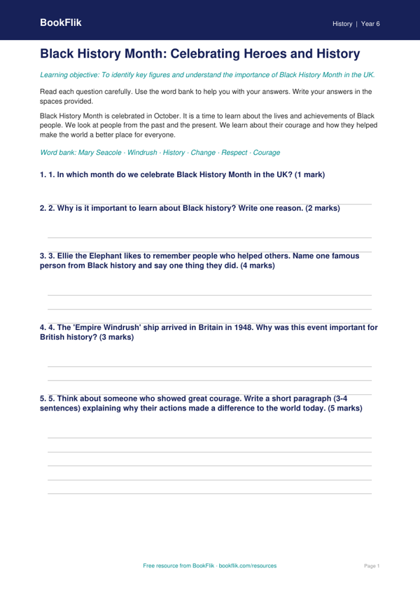 Free Black History Month Assessment | Year 6 Supported | BookFlik worksheet preview — History Black History Month