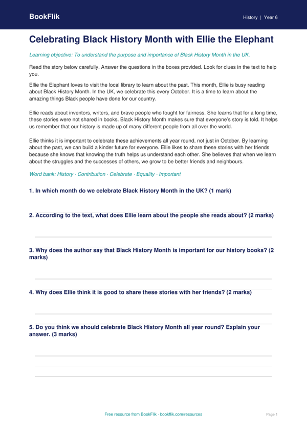 Free Black History Month Comprehension | Year 6 Supported | BookFlik worksheet preview — History Black History Month