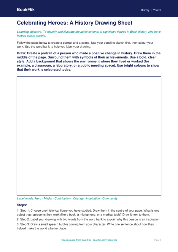 Free Black History Month Drawing Sheet | Year 6 Supported | BookFlik worksheet preview — History Black History Month