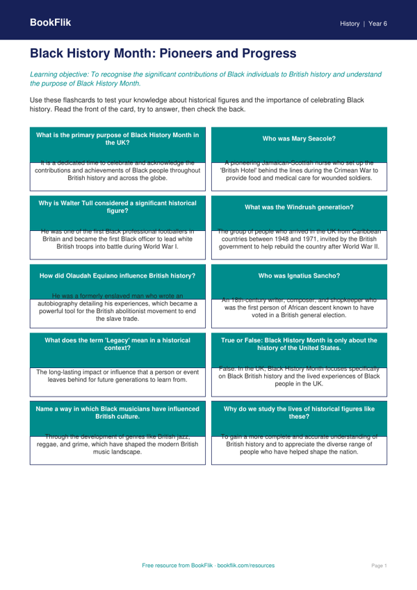 Free Black History Month Flashcards | Year 6 Core | BookFlik worksheet preview — History Black History Month