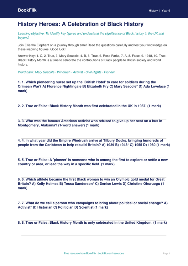 Free Black History Month Quiz | Year 6 Core | BookFlik worksheet preview — History Black History Month