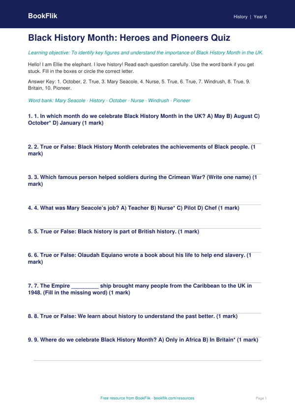 Free Black History Month Quiz | Year 6 Supported | BookFlik worksheet preview — History Black History Month