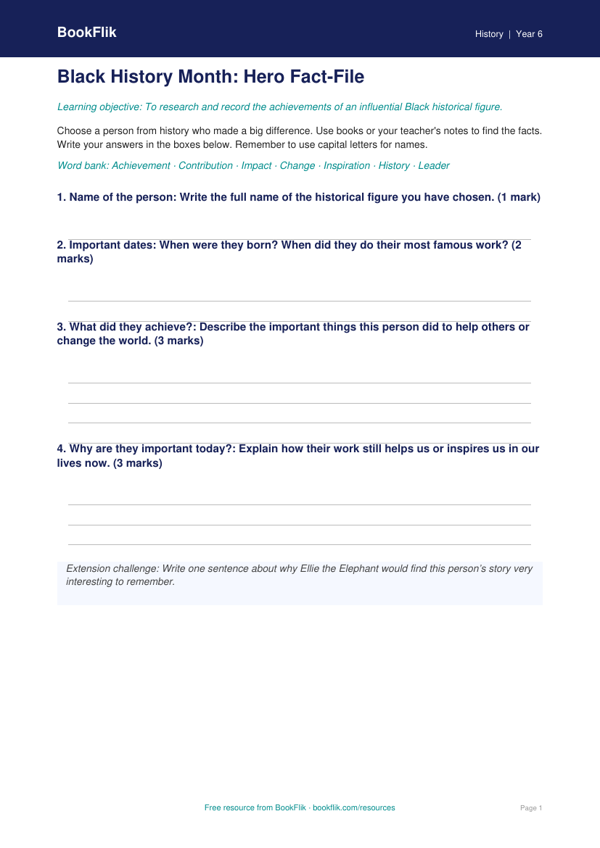 Free Black History Month Template | Year 6 Supported | BookFlik worksheet preview — History Black History Month