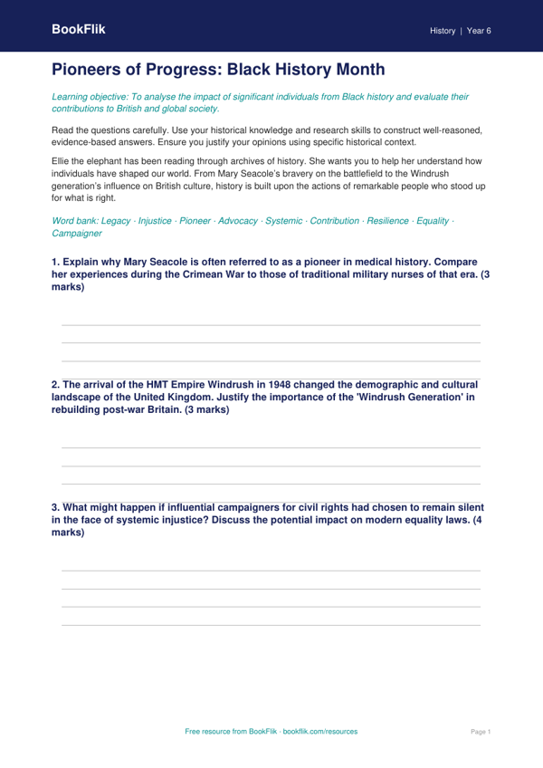 Free Black History Month Worksheet | Year 6 Greater Depth | BookFlik worksheet preview — History Black History Month