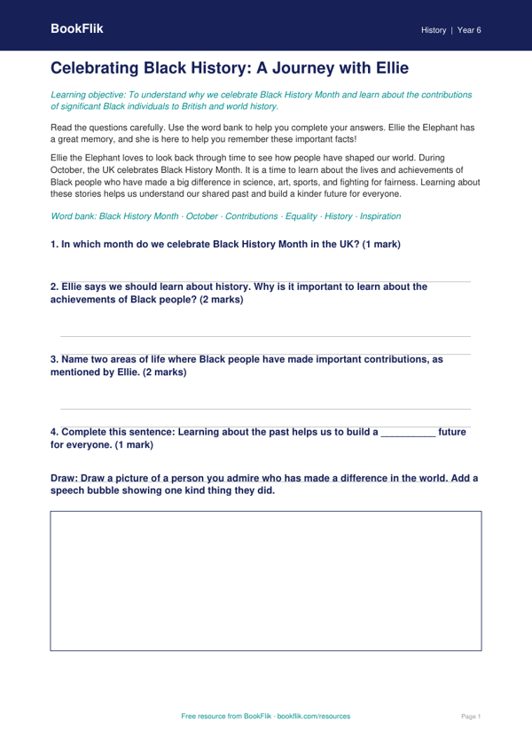 Free Black History Month Worksheet | Year 6 Supported | BookFlik