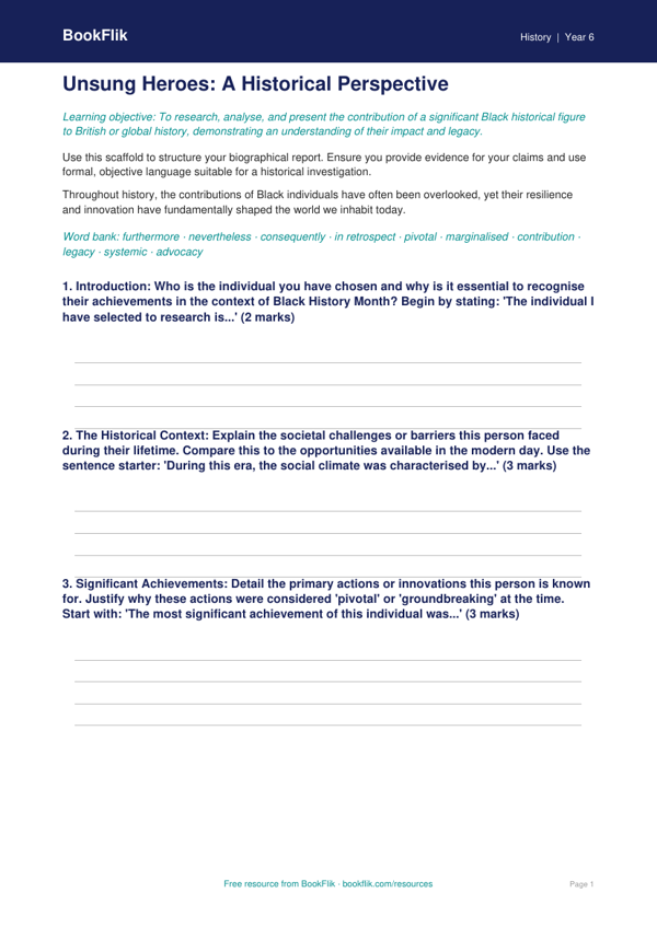 Free Black History Month Writing Frame | Year 6 Greater Depth | BookFlik worksheet preview — History Black History Month