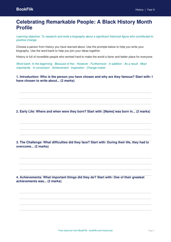 Free Black History Month Writing Frame | Year 6 Supported | BookFlik worksheet preview — History Black History Month