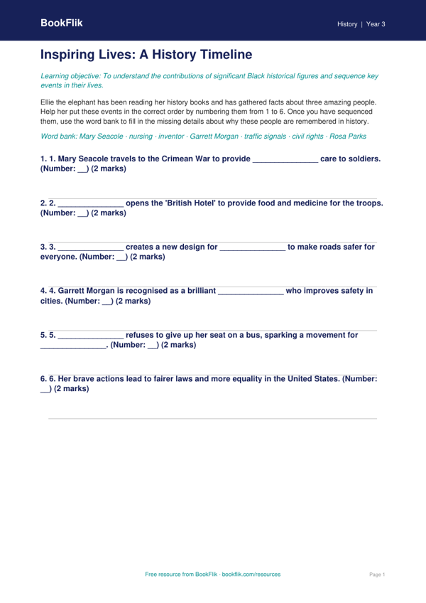 Free Black History Activity Sheet | Year 3 Core | BookFlik worksheet preview — History Black History