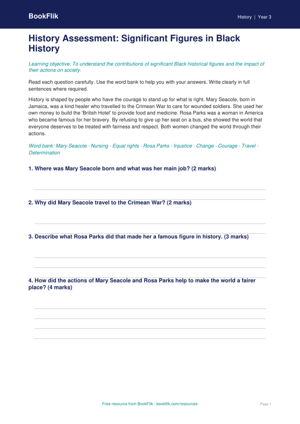 Free Black History Assessment | Year 3 Core | BookFlik worksheet preview — History Black History