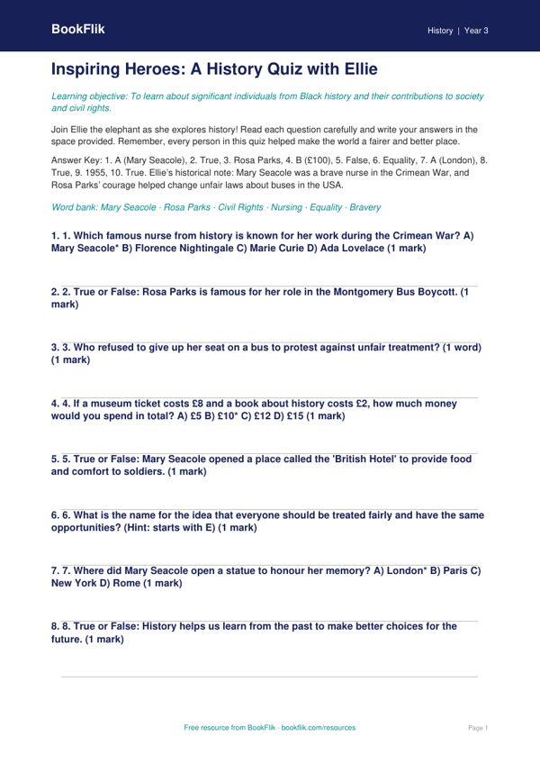 Free Black History Quiz | Year 3 Core | BookFlik worksheet preview — History Black History