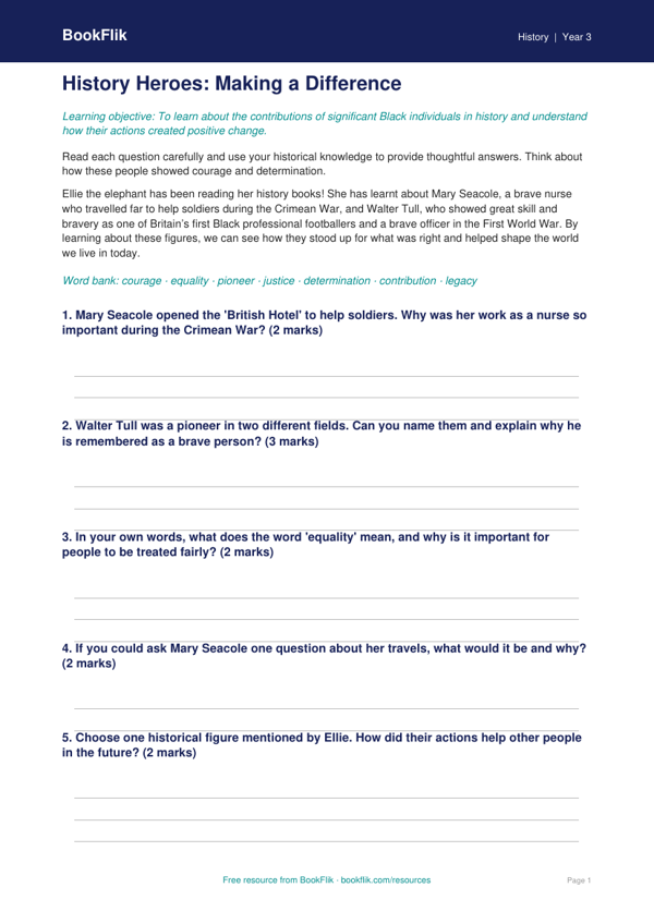 Free Black History Worksheet | Year 3 Core | BookFlik worksheet preview — History Black History