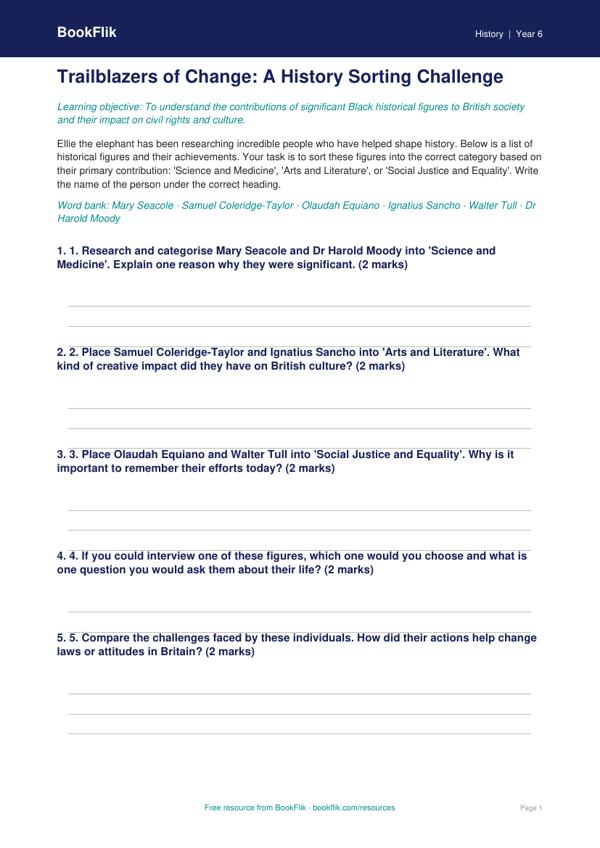 Free Black History Activity Sheet | Year 6 Core | BookFlik
