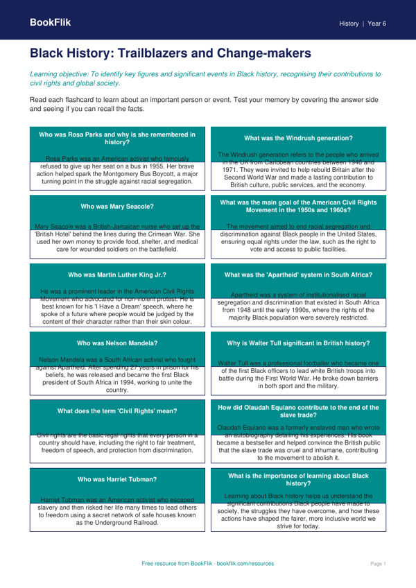 Free Black History Flashcards | Year 6 Core | BookFlik