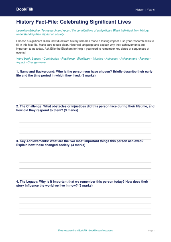 Free Black History Template | Year 6 Core | BookFlik