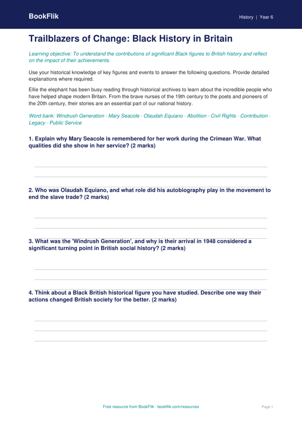 Free Black History Worksheet | Year 6 Core | BookFlik