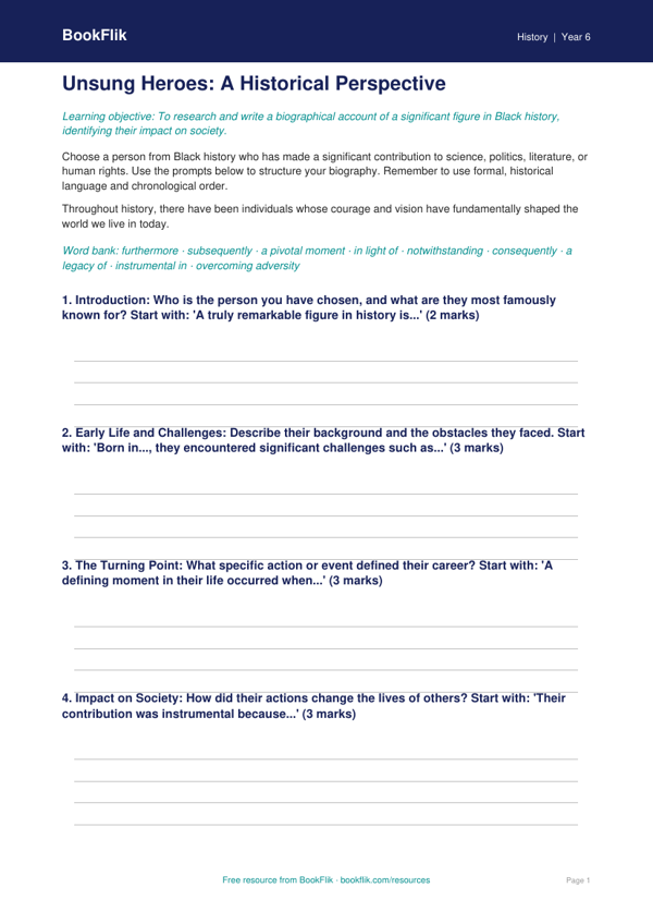 Free Black History Writing Frame | Year 6 Core | BookFlik worksheet preview — History Black History