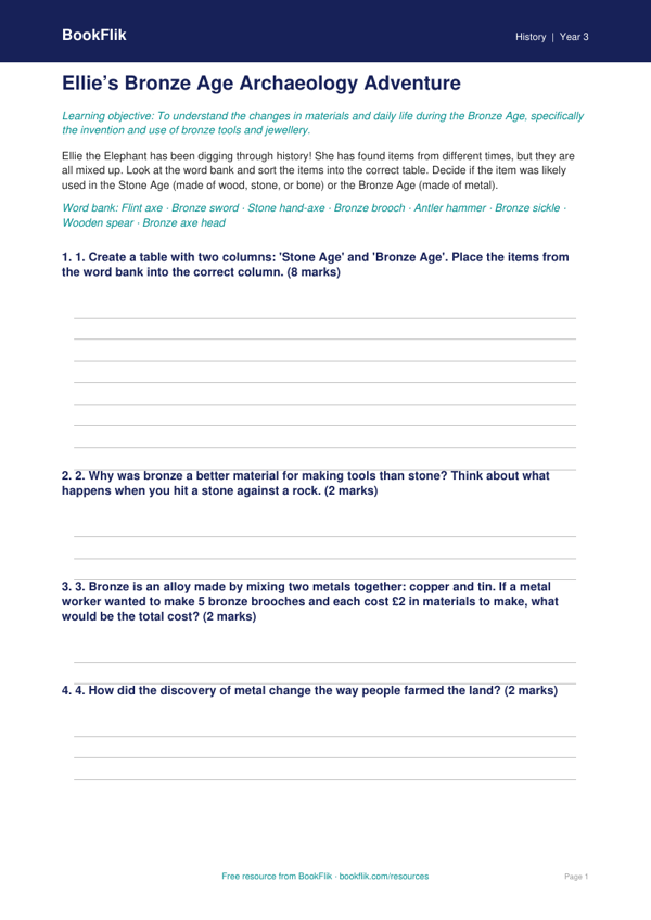 Free Bronze Age Activity Sheet | Year 3 Core | BookFlik worksheet preview — History Bronze Age