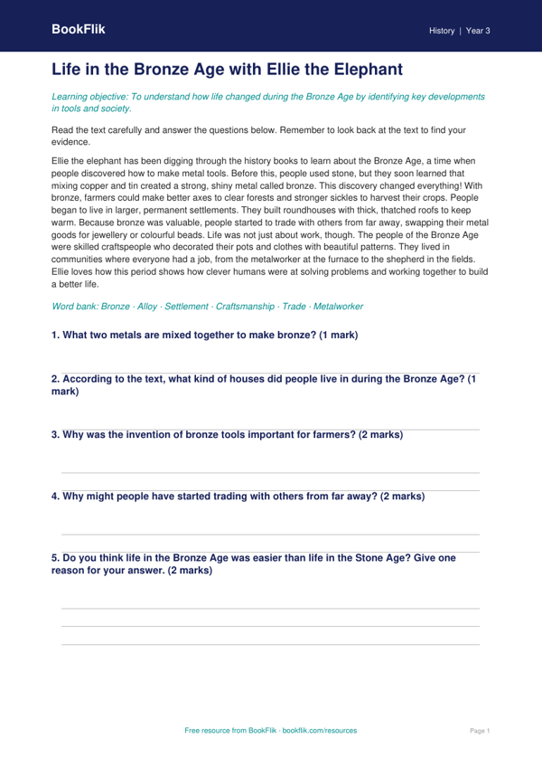 Free Bronze Age Comprehension | Year 3 Core | BookFlik worksheet preview — History Bronze Age