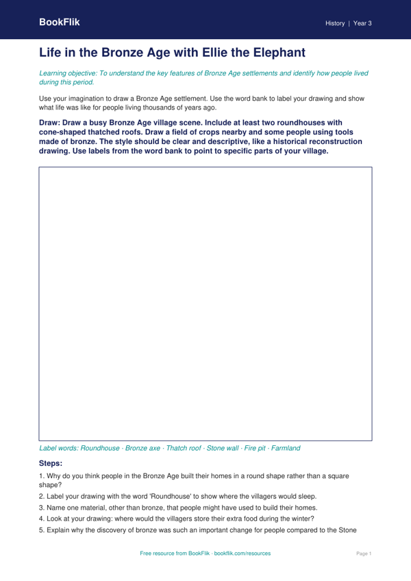 Free Bronze Age Drawing Sheet | Year 3 Core | BookFlik worksheet preview — History Bronze Age