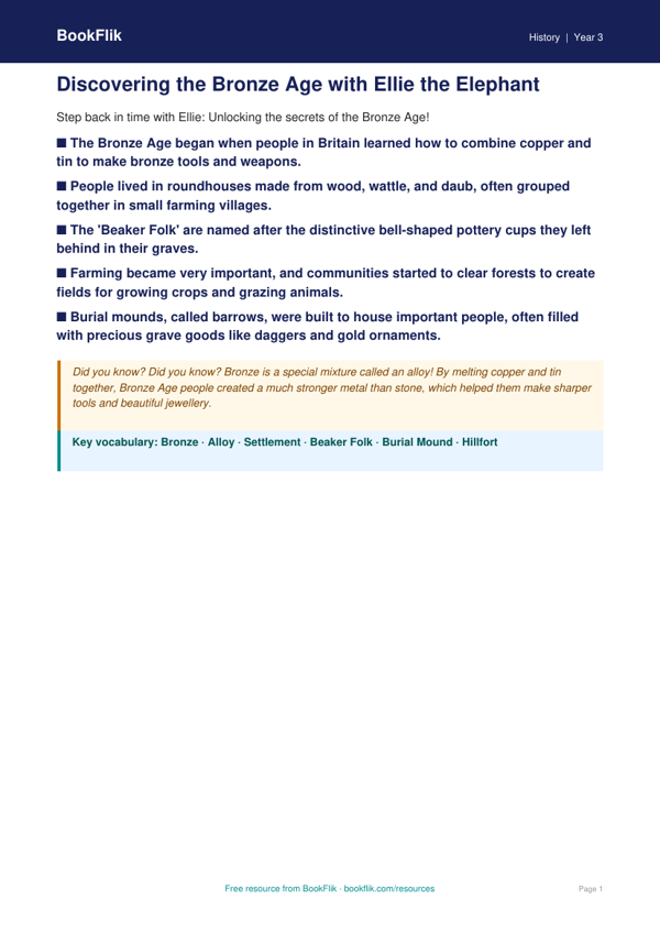 Free Bronze Age Poster | Year 3 Core | BookFlik worksheet preview — History Bronze Age