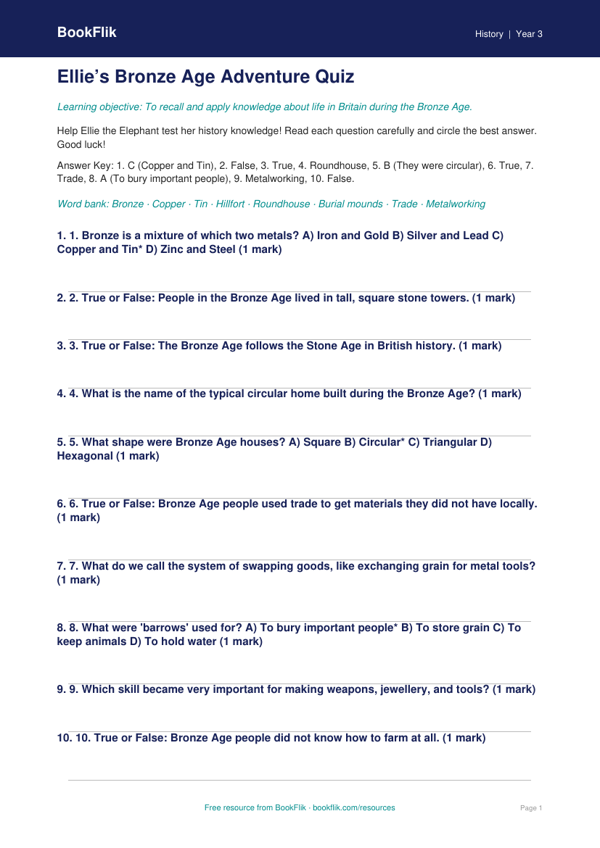 Free Bronze Age Quiz | Year 3 Core | BookFlik worksheet preview — History Bronze Age
