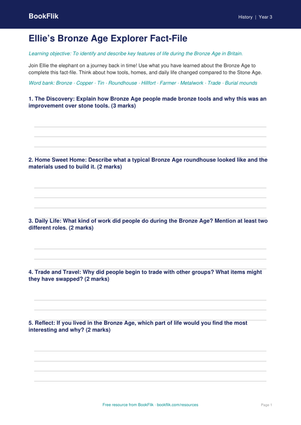 Free Bronze Age Template | Year 3 Core | BookFlik worksheet preview — History Bronze Age