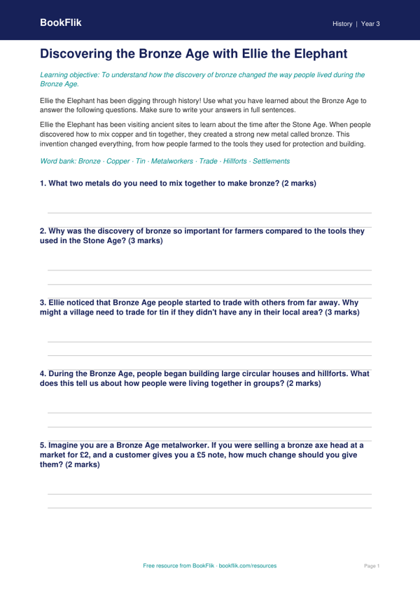 Free Bronze Age Worksheet | Year 3 Core | BookFlik worksheet preview — History Bronze Age