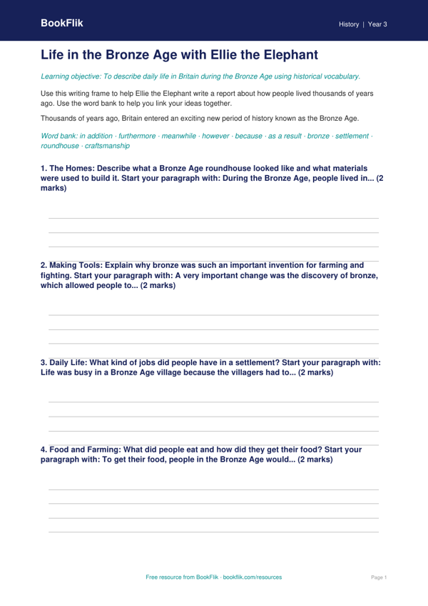 Free Bronze Age Writing Frame | Year 3 Core | BookFlik worksheet preview — History Bronze Age