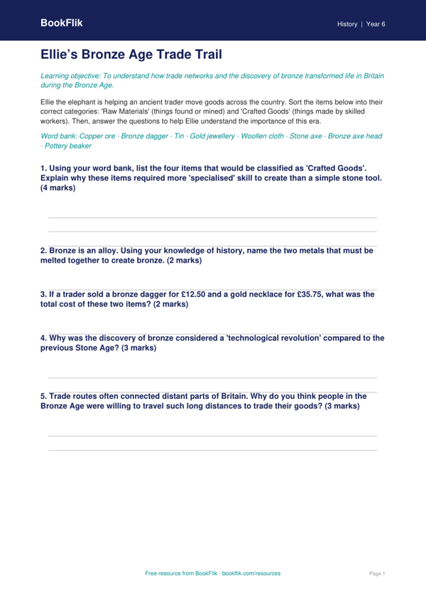 Free Bronze Age Activity Sheet | Year 6 Core | BookFlik