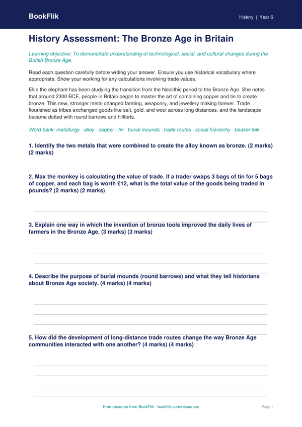 Free Bronze Age Assessment | Year 6 Core | BookFlik