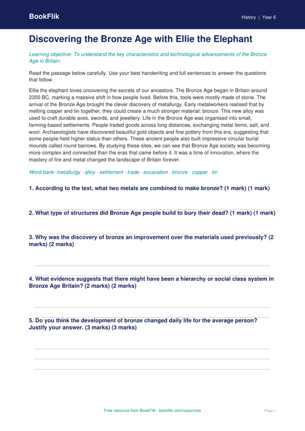 Free Bronze Age Comprehension | Year 6 Core | BookFlik
