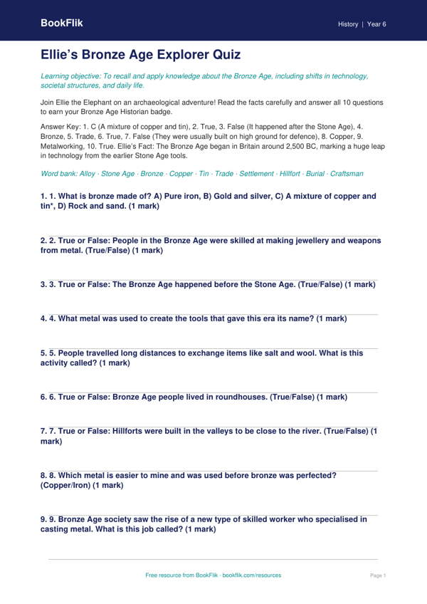 Free Bronze Age Quiz | Year 6 Core | BookFlik
