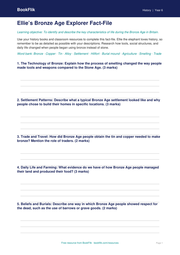 Free Bronze Age Worksheet | Year 6 History Resource | BookFlik