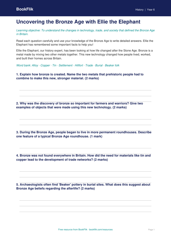 Free Bronze Age Worksheet | Year 6 Core | BookFlik