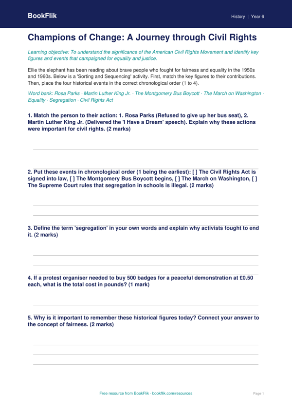 Free Civil Rights Activity Sheet | Year 6 Core | BookFlik