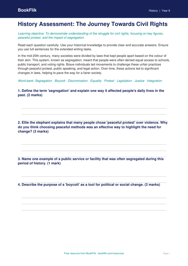 Free Civil Rights Assessment | Year 6 Core | BookFlik