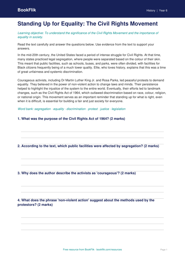 Free Civil Rights Comprehension | Year 6 Core | BookFlik