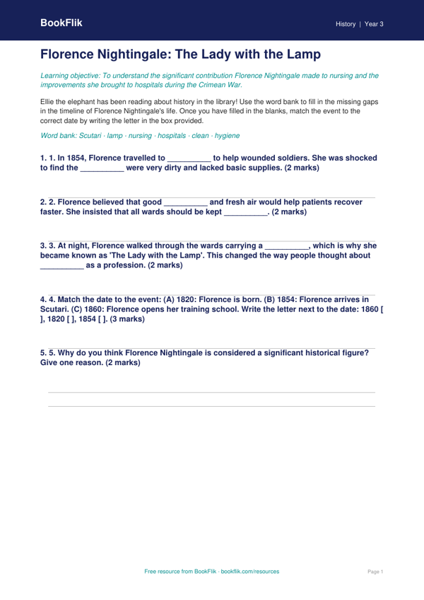 Free Florence Nightingale Activity Sheet | Year 3 Core | BookFlik worksheet preview — History Florence Nightingale