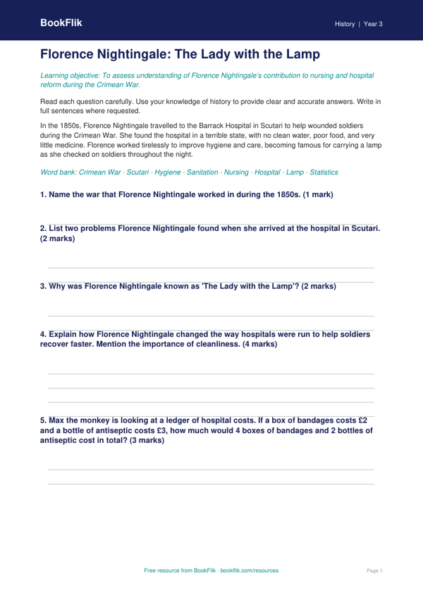 Free Florence Nightingale Assessment | Year 3 Core | BookFlik worksheet preview — History Florence Nightingale