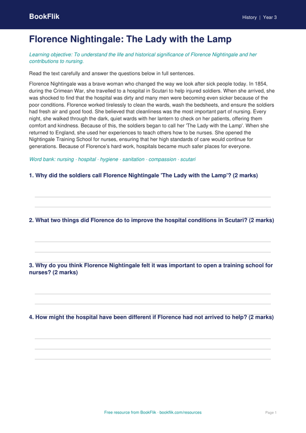 Free Florence Nightingale Comprehension | Year 3 Core | BookFlik worksheet preview — History Florence Nightingale