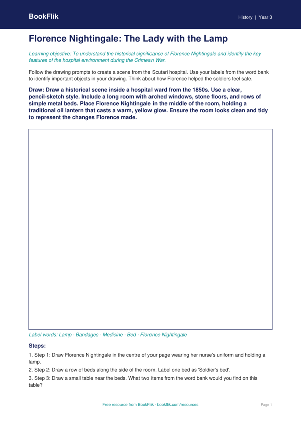 Free Florence Nightingale Drawing Sheet | Year 3 Core | BookFlik worksheet preview — History Florence Nightingale