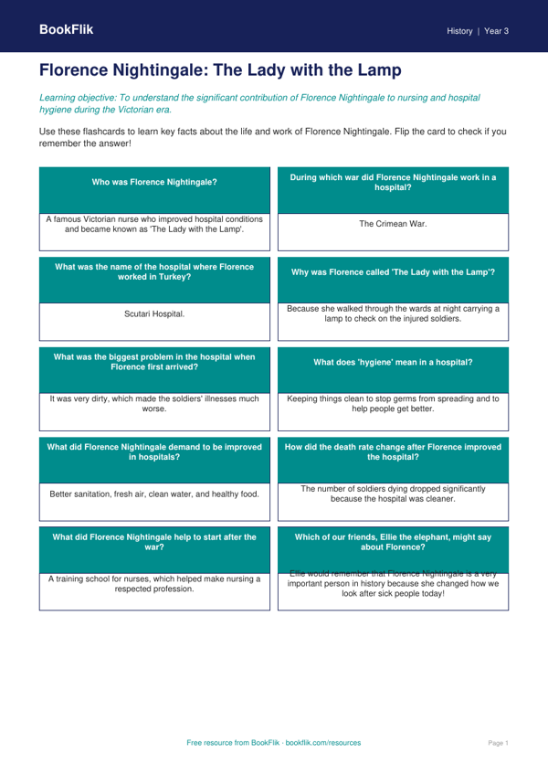 Free Florence Nightingale Flashcards | Year 3 History | BookFlik worksheet preview — History Florence Nightingale