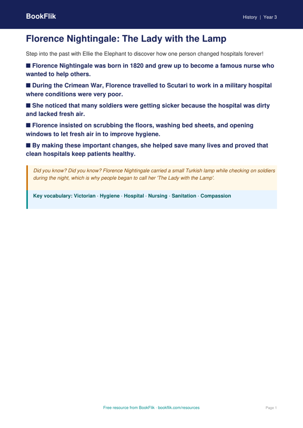 Free Florence Nightingale Poster | Year 3 Core | BookFlik worksheet preview — History Florence Nightingale