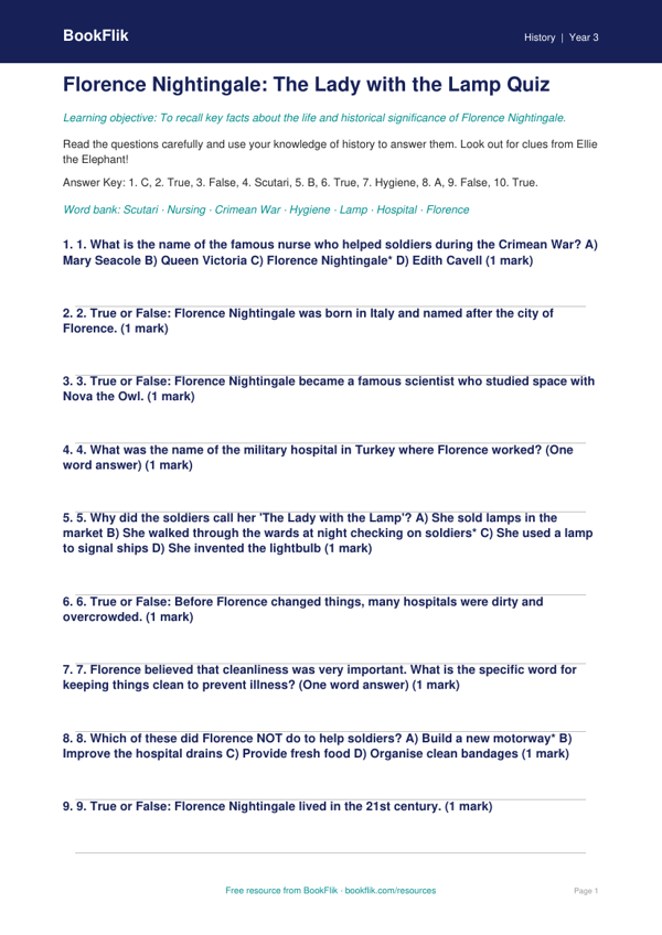 Free Florence Nightingale Quiz | Year 3 Core | BookFlik worksheet preview — History Florence Nightingale