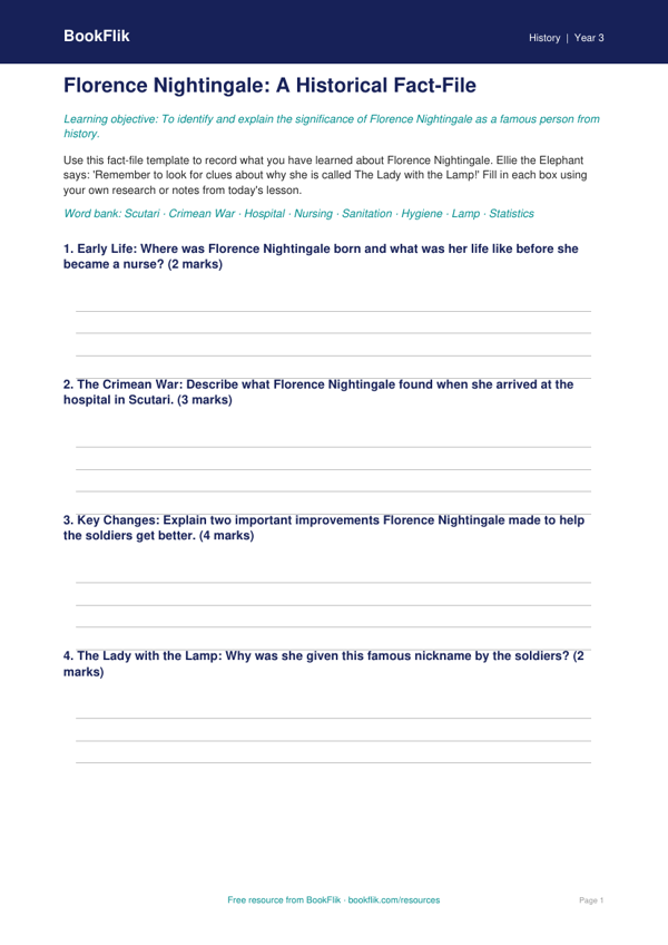 Free Florence Nightingale Template | Year 3 Core | BookFlik worksheet preview — History Florence Nightingale