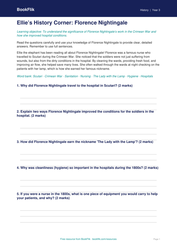 Free Florence Nightingale Worksheet | Year 3 Core | BookFlik worksheet preview — History Florence Nightingale