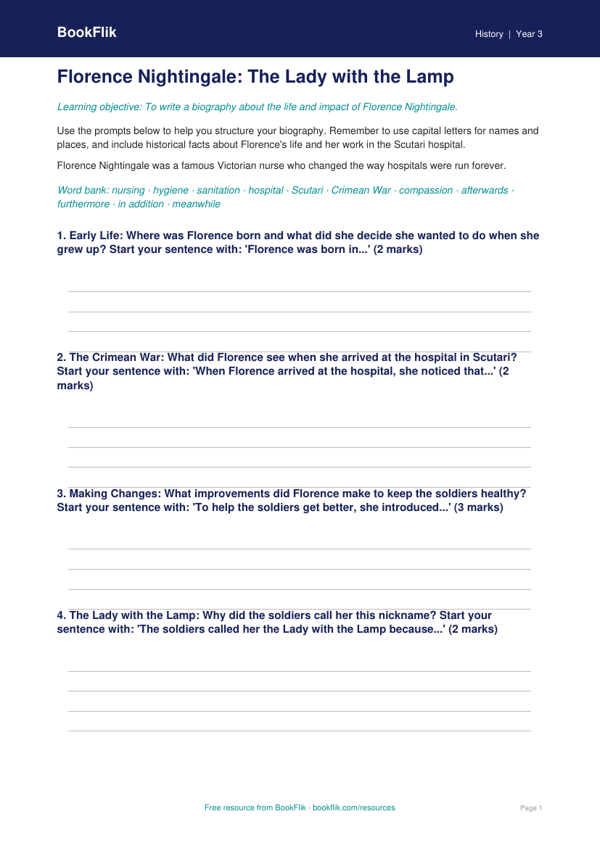 Free Florence Nightingale Writing Frame | Year 3 Core | BookFlik worksheet preview — History Florence Nightingale