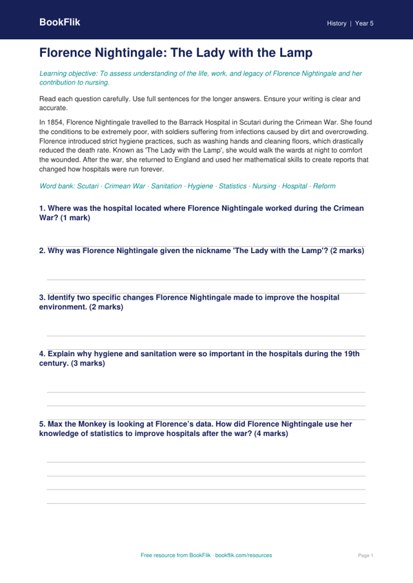 Free Florence Nightingale Assessment | Year 5 Core | BookFlik worksheet preview — History Florence Nightingale