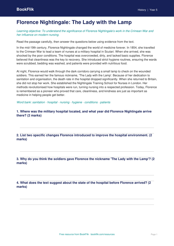 Free Florence Nightingale Comprehension | Year 5 Core | BookFlik worksheet preview — History Florence Nightingale